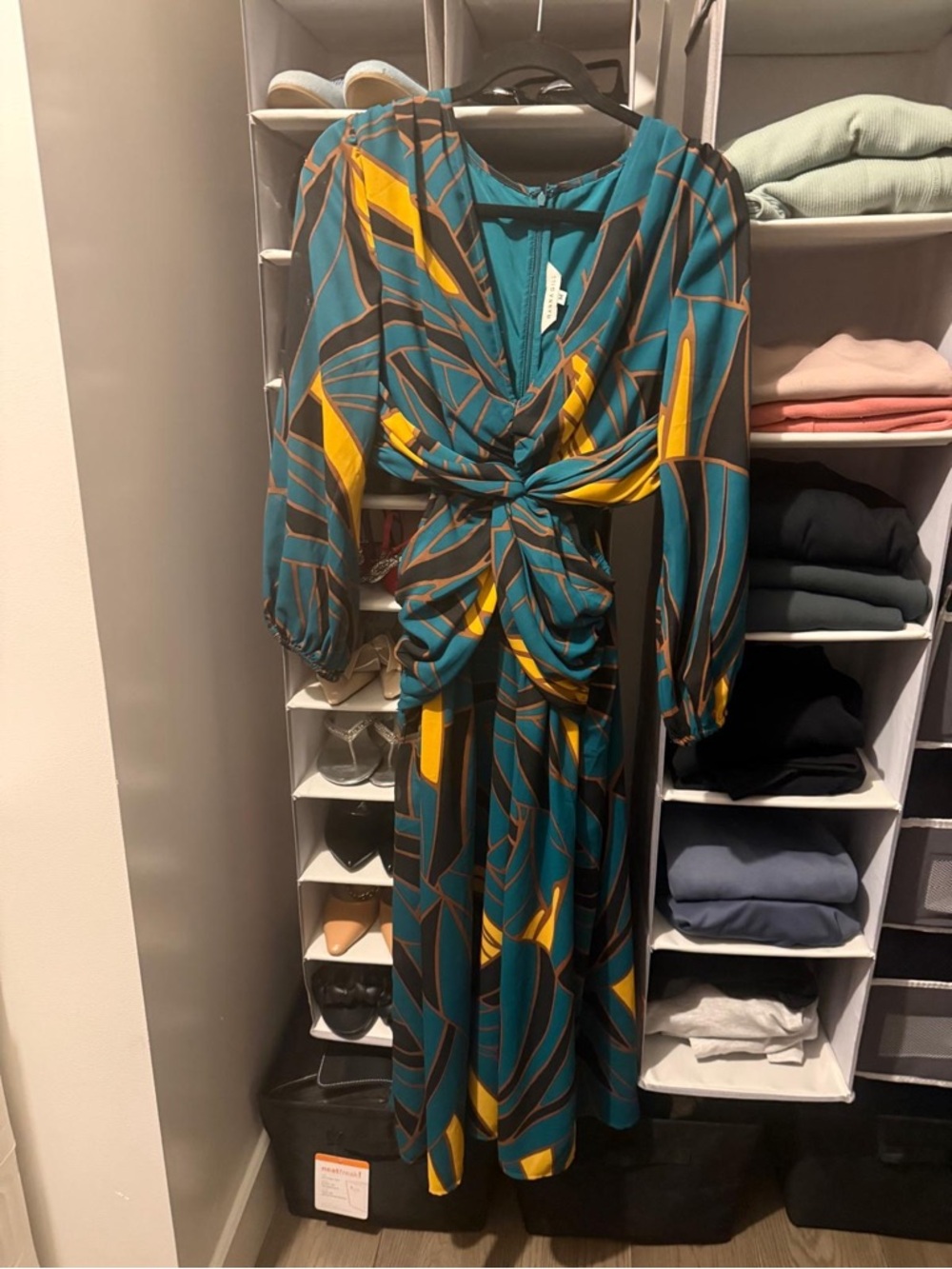 Knot-Front Teal & Yellow Printed Midi Dress